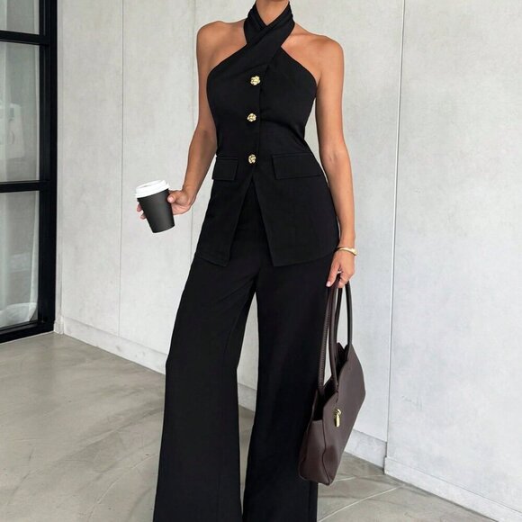 Black Casual Chic Women's Two Piece Top and Pants Office Set - Picture 3 of 7